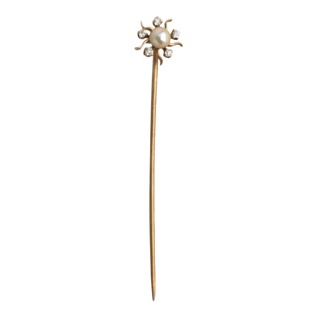Antique Pearl Diamonds and Gold Stick Pin Brooch For Sale