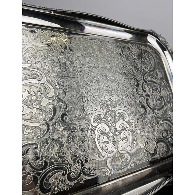 Vintage English Ornate Engraved Metal Twin Handle Tray For Sale - Image 5 of 18