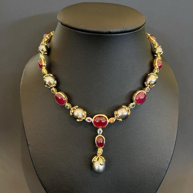 Bochic "Baroque" Ruby, Pearl & Sapphire Necklace Set In 18K Gold & Silver For Sale - Image 17 of 18