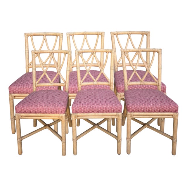Set 6 Vintage McGuire Furniture Co Rattan Cross Hatch Lattice Dining Chairs For Sale