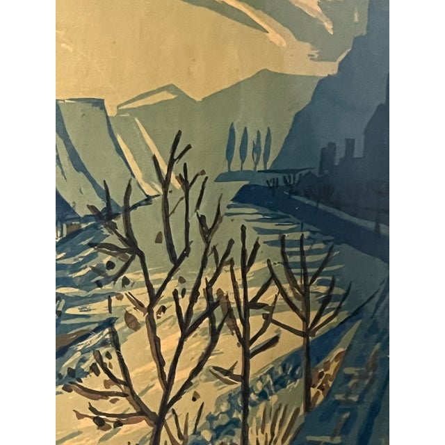 Printmaking Materials Intriguing Cubist Castle and River Scene, Signed Lithograph For Sale - Image 7 of 9