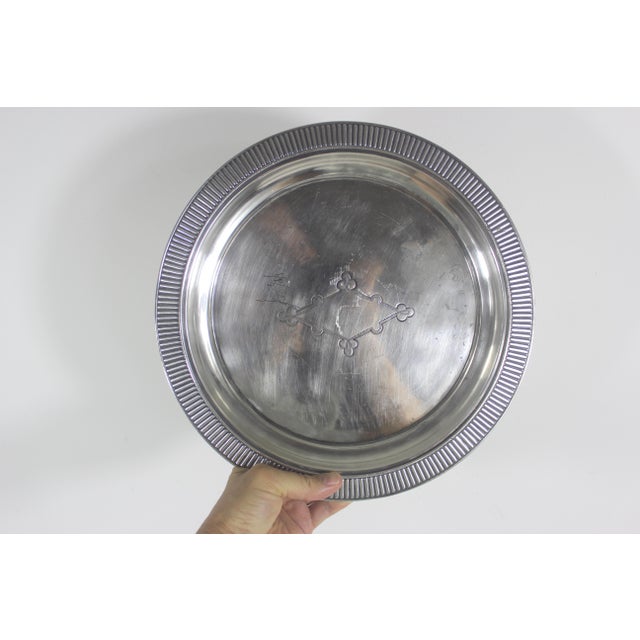 Antique Round 11” Silver Plated Gallery Tray Wide Lip, Embossed Detail Plate Serving Dish, Drinks Simpson Hall Miller & Co Made in Usa For Sale - Image 10 of 11
