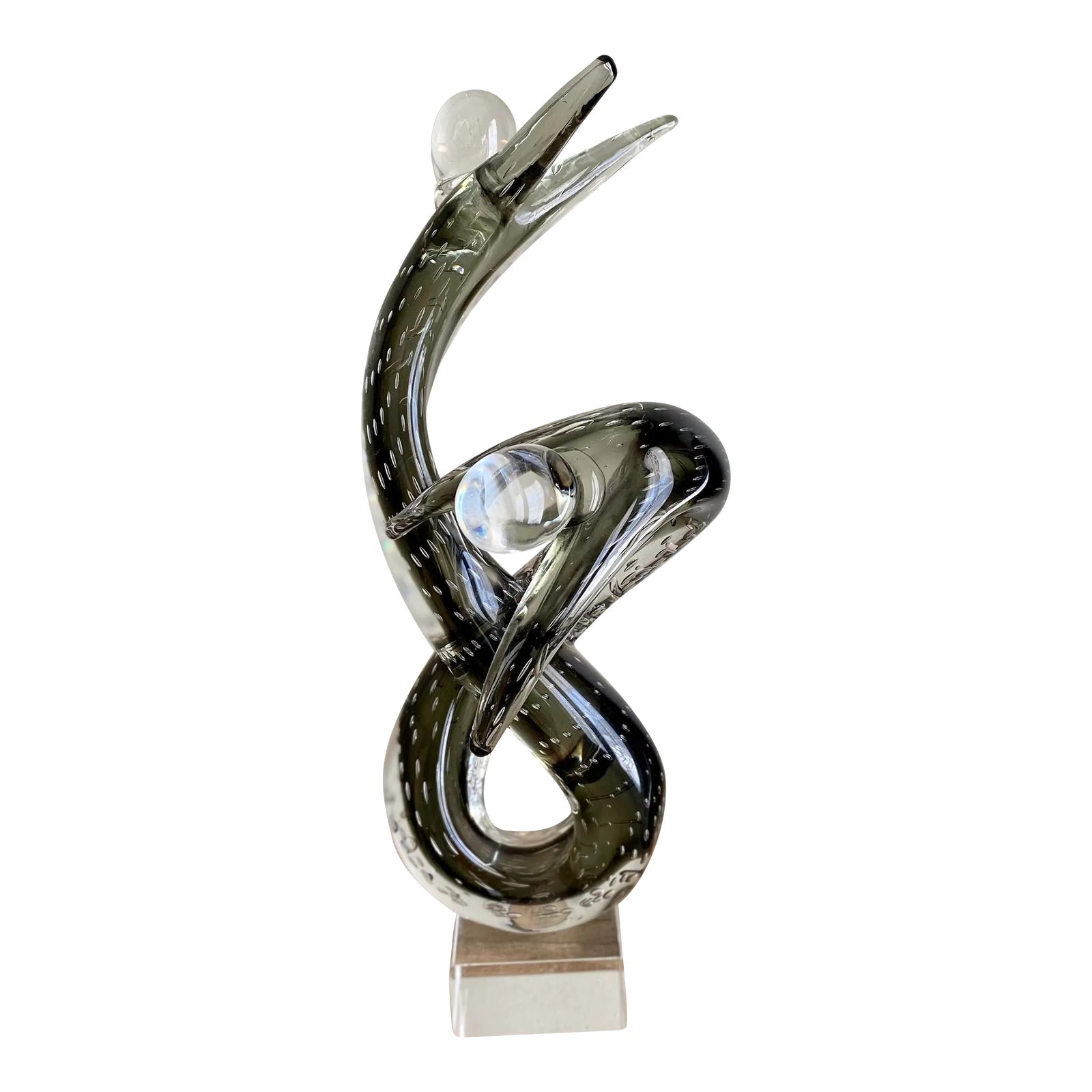 Modernist Art Glass Sculpture Abstract Figures on Lucite Base | Chairish
