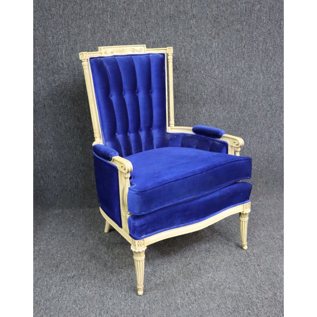 Textile Louis XVI Style Cream Carved Blue Velvet Bergere For Sale - Image 7 of 7