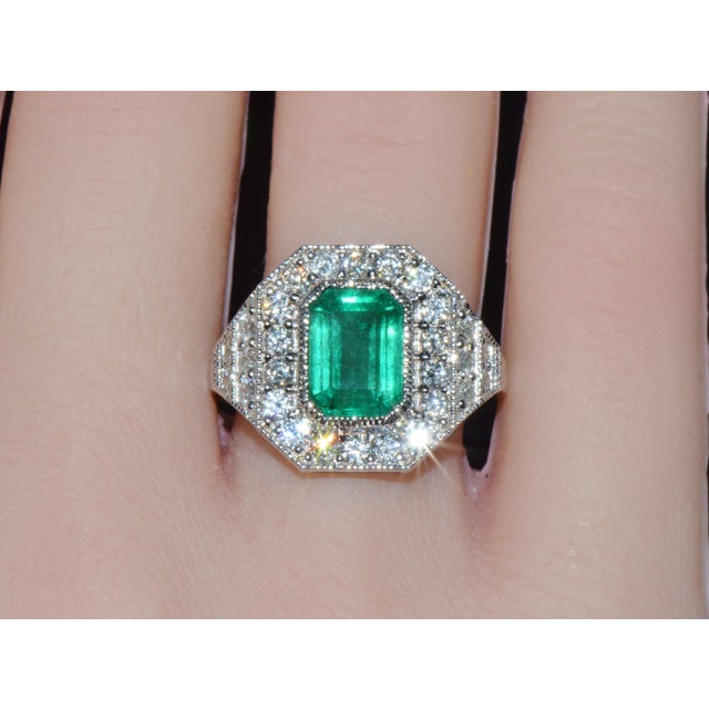 Green Gia Certified 3.98ct Natural Zambian Emerald & Diamond Tiered Halo Milgrain 18k White Gold Ring, Size 6.5 For Sale - Image 8 of 16