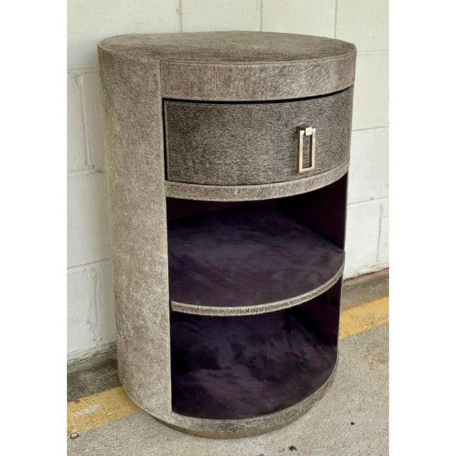 Original retail $2060, stylish Currey & Company Modern Gray Hair on Hide Side Table, gray velvet lining, one drawer,...