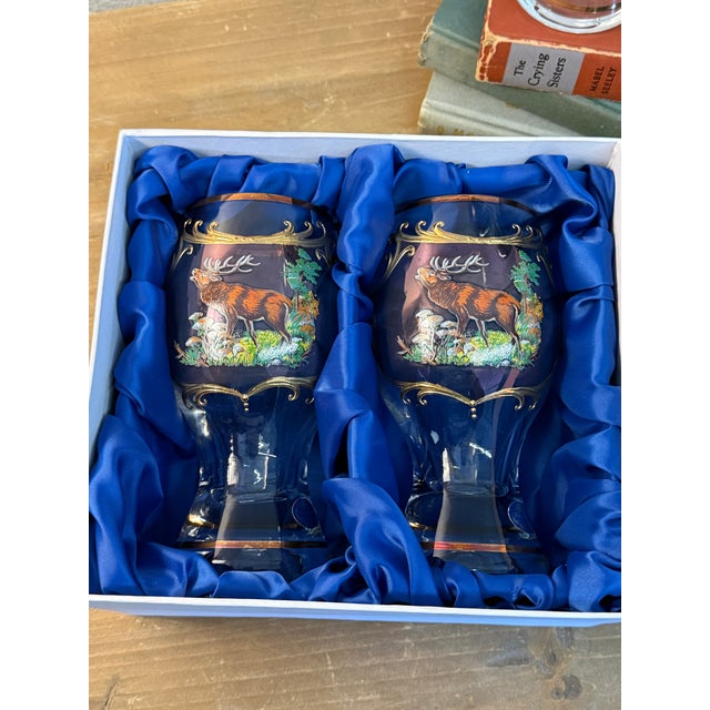 Crystal Hand Painted Elk Glasses 2 Glass Sets 1990's For Sale - Image 10 of 11
