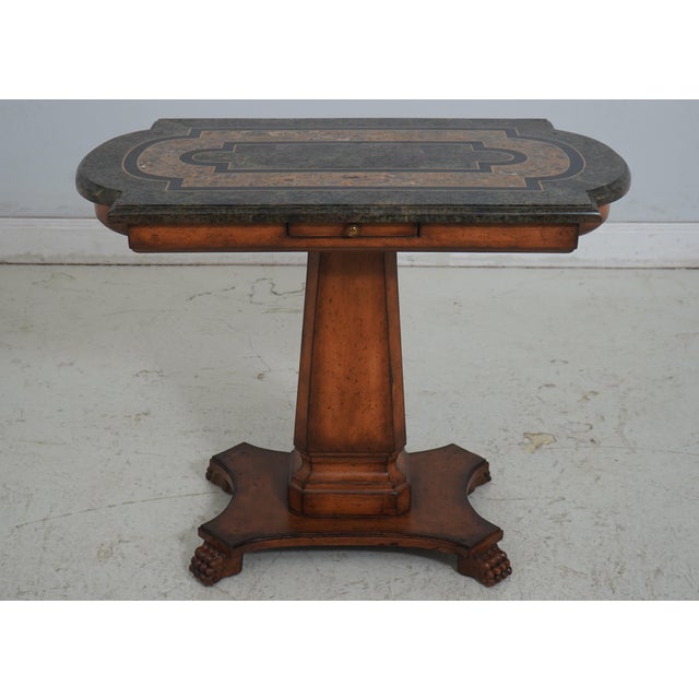 Age: Approx: 25 Years Details: Factory Distressed Continental Style Brass Inlaid Marble Top Small Pull Out Drawer Carved...