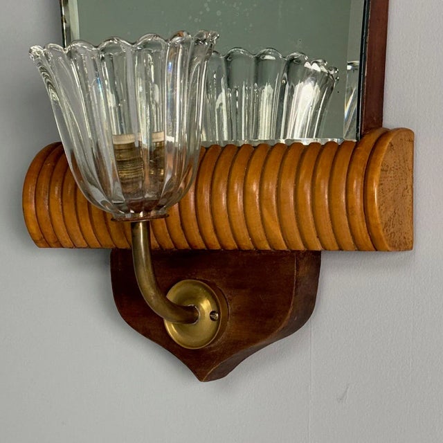 Brown Italian Mid-Century Modern, Mirrored Wall Sconces, Brass, Wood, Italy, 1940s For Sale - Image 8 of 9