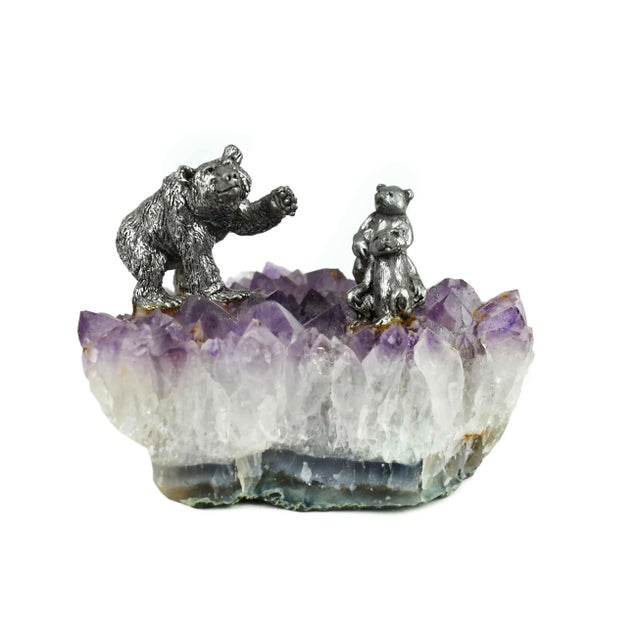 Late 20th Century Late 20th Century Mama Bear and 2 Cubs Figurines on Natural Amethyst Quartz Geode Stone For Sale - Image 5 of 5