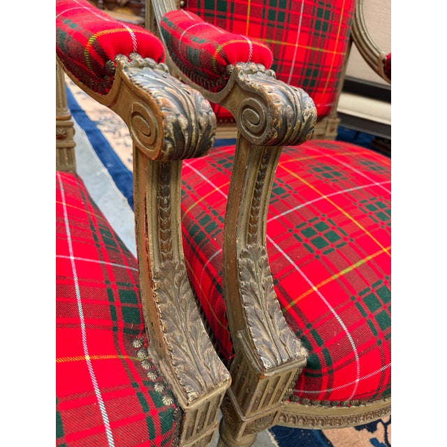 Pair Antique Carved Red Tartan Arm Chairs For Sale - Image 10 of 10
