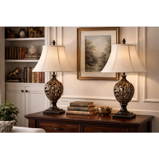 1970s Pair of Traditional Pierced Metal Table Lamps With Original Linen Shades For Sale - Image 4 of 6