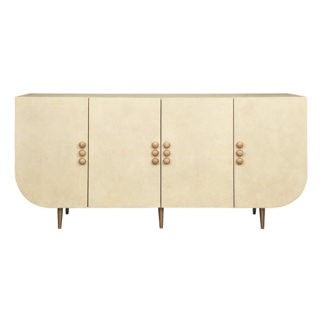Matthew Izzo Home Deluca Faux Parchment Four Door Buffet With Brass and Stone Hardware For Sale