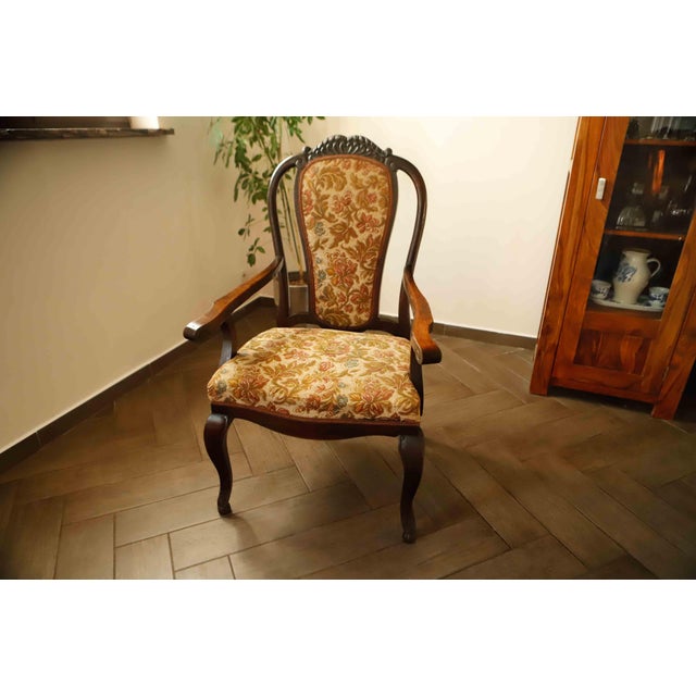 Wood Antique Queen Anne Revival Carver Armchair with Floral Tapestry Upholstery, 1890s For Sale - Image 7 of 18