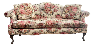 Vintage Floral Humpback Sofa With Carved Claw-and-Ball Feet