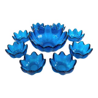 1960s Mid-Century Modern Blenko Luminous Blue Studio Art Glass Bowls - Set of Nine For Sale