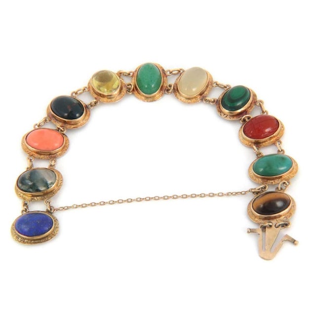 Mid 20th Century Cabochon Multicolor Gems 14k Rose Gold Oval Link Chain Bracelet For Sale - Image 4 of 5