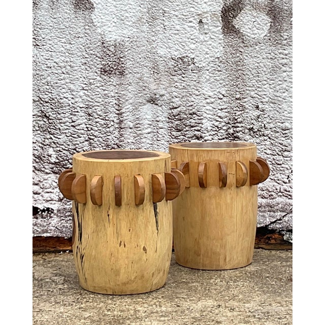 Khaki Vintage Boho Paddle Low Stools - a Pair For Sale - Image 8 of 8