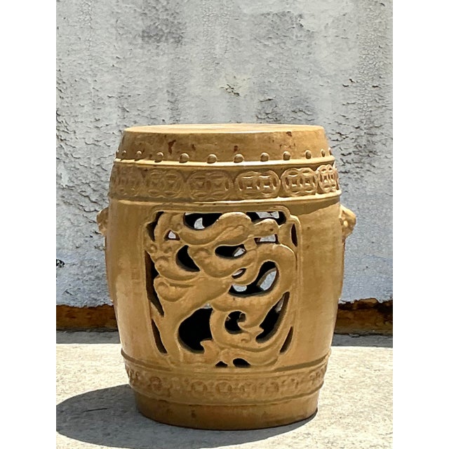 Vintage Boho Glazed Ceramic Medallion Low Stool For Sale - Image 4 of 6