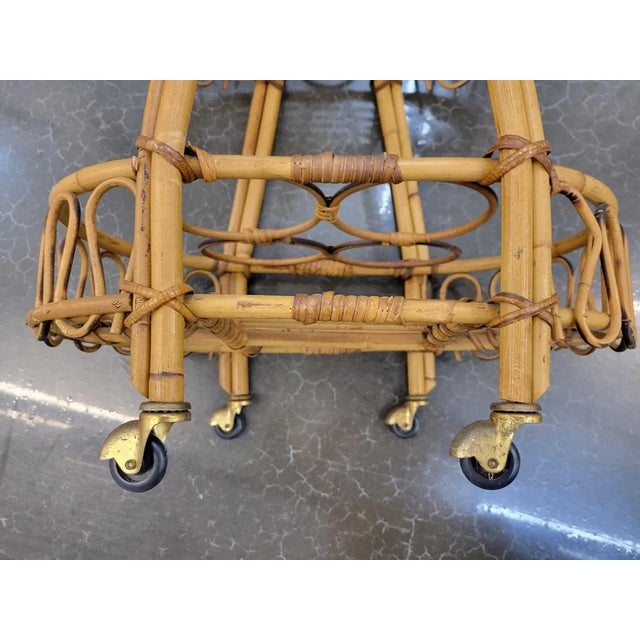 Vintage Italian Bamboo & Rattan Rolling Bar Cart Trolley For Sale - Image 11 of 12