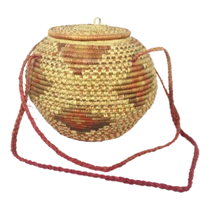 Vintage African Coiled Straw Lidded Two Tone Orange Hand Woven Covered Basket With Straps