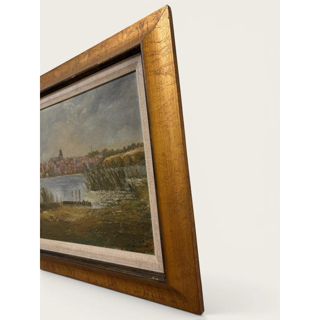 Mid 20th Century Vintage European Coastal Landscape Oil Painting | Framed Harbor Village Seascape For Sale - Image 5 of 10