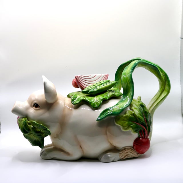 Fitz and Floyd Vintage Fitz & Floyd "French Market" Ceramic Pig Teapot – Whimsical Country Majolica Style For Sale - Image 4 of 14