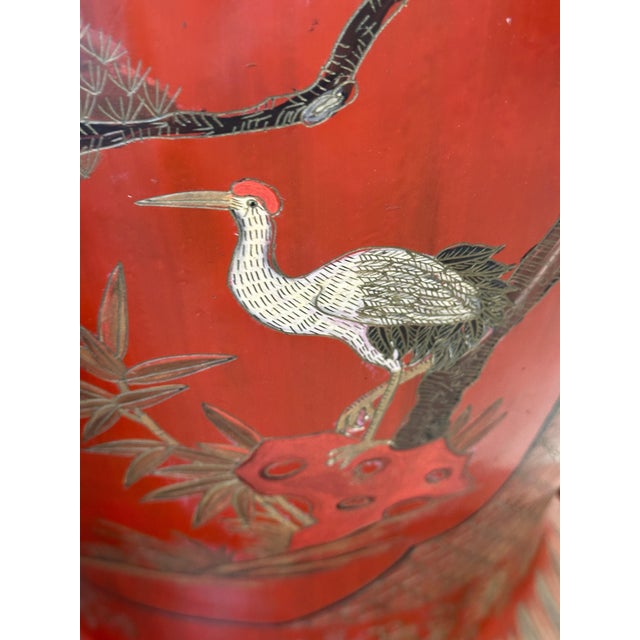 Large 19th Century Chinese Red Lacquered Palace Vases on Stands For Sale - Image 9 of 18