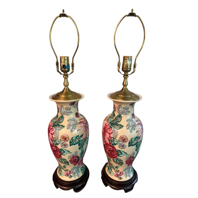 Late 20th Century Wescal Porcelain Floral Lamps on Wood Stands - A Pair For Sale - Image 4 of 8