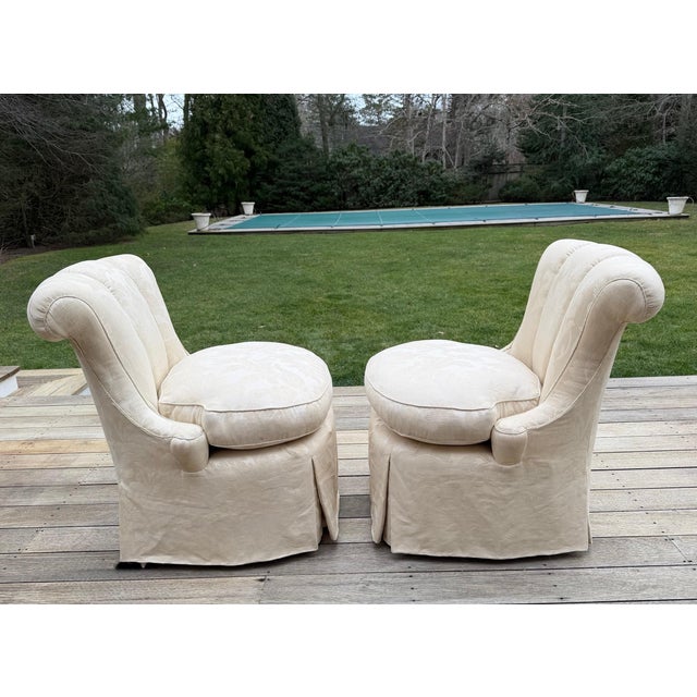 Custom Scallop Backed, Skirted Slipper Chairs in Cloud Dancer Damask, a Pair For Sale - Image 13 of 18