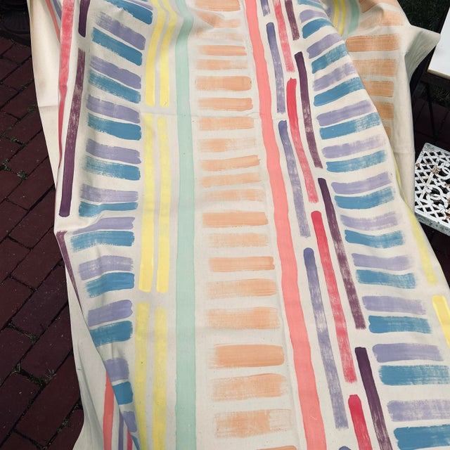 Custom pattern from Peter Fasano on duck cloth.Bright painterly stripes and lines in multi colors Measures 2 1/3 yds by...