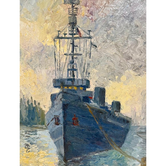 American Hildegarde Hamilton, Oil Painting Harbor Scene with Naval Ships Sailors & Boats Hildegarde Hamilton For Sale - Image 3 of 5