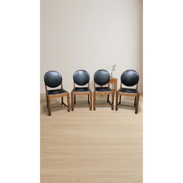 Modern Vintage Wooden Dining Chairs with Black Leather Upholstery, 1940s, Set of 4 For Sale - Image 3 of 17