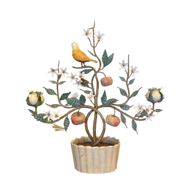 Vintage, Italian tole espalier, espaliered fruit (apple) tree. Features an espaliered tree, adorned with apples, blossoms...