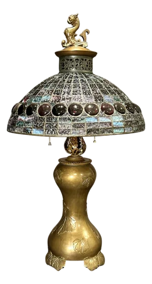 Early 20th Century Antique Leaded Glass And Bronze Lamp