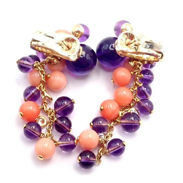 1980s 1980s Pair of Cartier Rose Gold Coral Amethyst Diamond Delices De Goa Earrings For Sale - Image 5 of 17