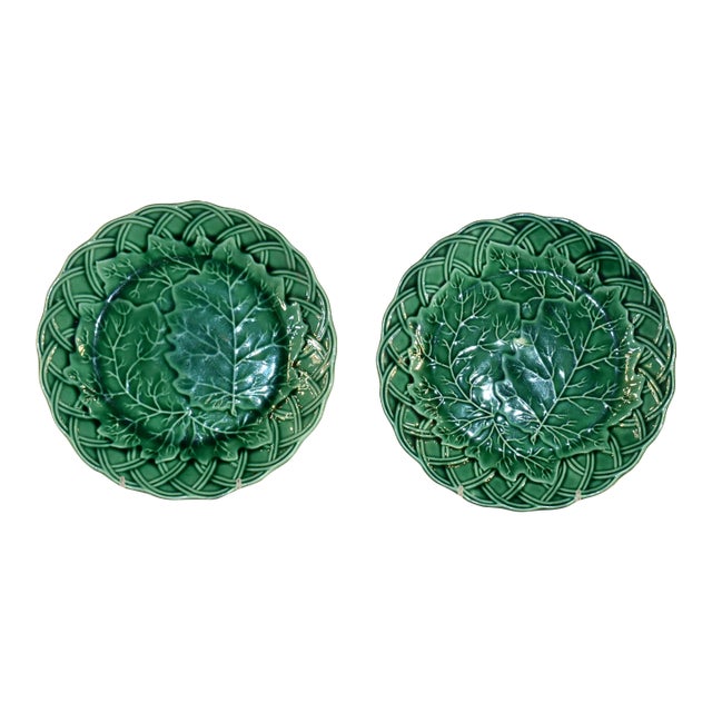 Pair of 19th Century English Majolica Leaf Plates For Sale