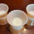 SET OF SIX VINTAGE RAMEKINS, GLASS CUSTARD CUPS / DESSERT DISHES BY FIRE KING - peach luster - glass ovenware - measures...