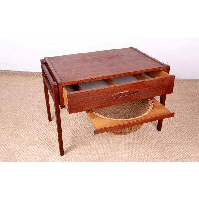 Wood Vintage Danish Teak and Rattan Sewing Table by Johannes Andersen for Uldum Møbelfabrik, 1960s For Sale - Image 7 of 14