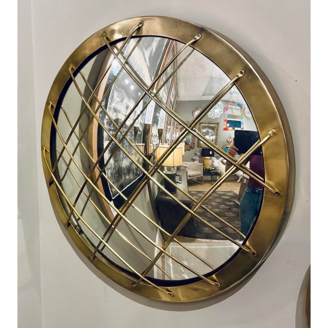 Timeless Modern Convex Brass Cage Wall Mirror, showroom floor samle