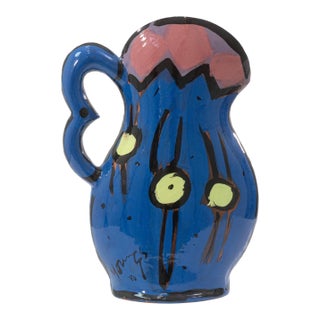 Kathryn Youngs Flat Pitcher Ceramic Vase 1990 Signed Hand Painted Art Pottery For Sale