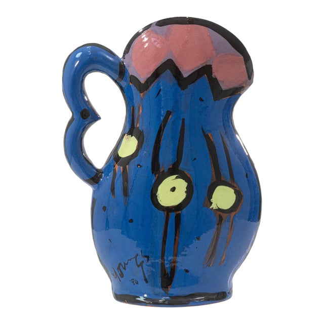 Kathryn Youngs Flat Pitcher Ceramic Vase 1990 Signed Hand Painted Art Pottery For Sale