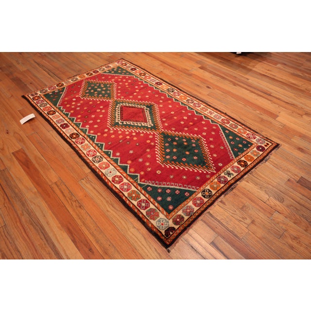Vintage Persian Gabbeh Red and Green Diamond Rug, Country of Origin: Persia, Circa Date: Vintage