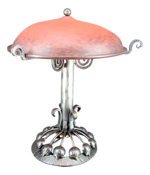 Art Deco Lamp with Stylized Botanical Wrought Iron Mount and Red-Orange Marbled Glass Dome, France, 1930s