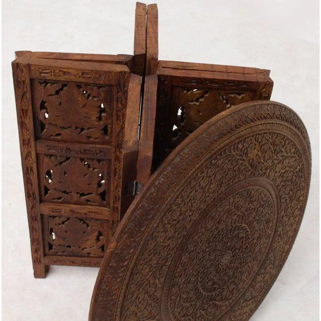 20th Century Folk Art Pierced Carving Teak Round Folding Side Table For Sale - Image 6 of 9