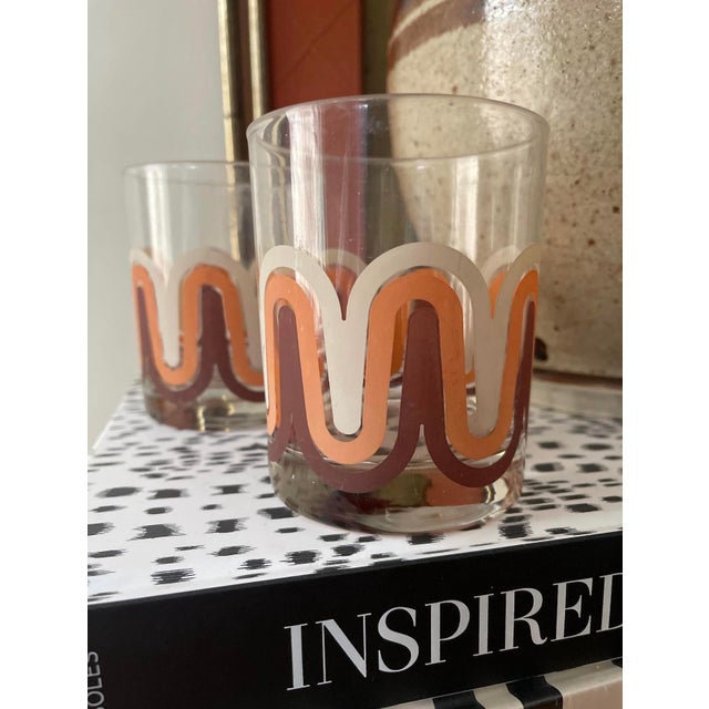 Orange 1970s Orange and Brown Groovy Wave Whiskey Lowball Glasses Barware - a Pair For Sale - Image 8 of 8