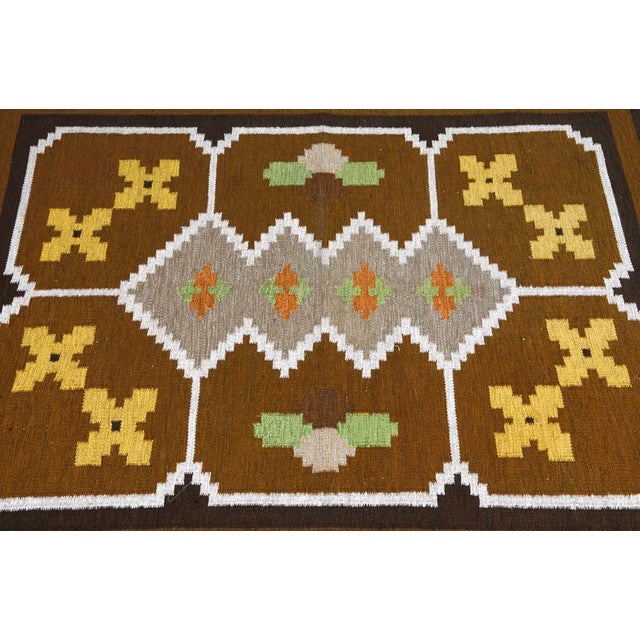Mid Century Modern Vintage Swedish Handwoven Röllakan Wool Rug | Large 1970’s Scandinavian Geometric Flatweave Carpet For Sale - Image 11 of 11