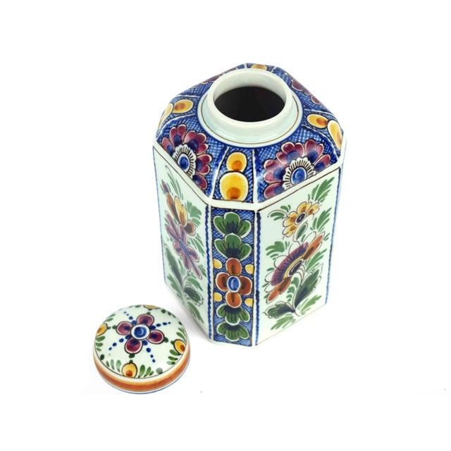 Hand-Painted Delft Hexagonal Lidded Ginger Jar or Tea Caddy Multi-Color Floral Motifs and Artist Monogram For Sale - Image 6 of 8