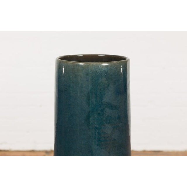 Artisan Made Prem Collection Blue Floor Ceramic Vase with Screen Patterns For Sale In New York - Image 6 of 12