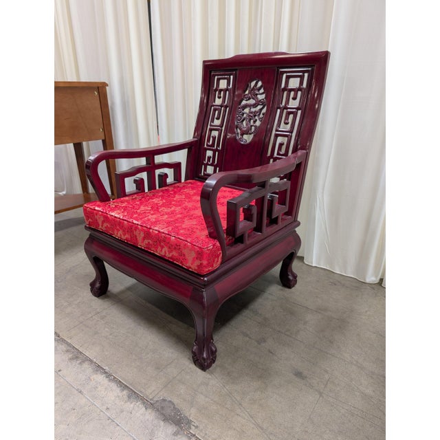 Chinese Vintage Chinese Rosewood Armchair With Hand-Carved Dragon Medallion and Red Silk Cushion For Sale - Image 3 of 10